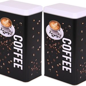 Excellent Houseware Koffieblik - 2x - zwart - coffee print - 800 ml - rechthoekig - koffie - bewaarblikken - Koffiepads/koffiecups - filterkoffie