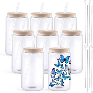 Flolife - 8-Pack Sublimatie Glazen Bekers 16oz - Met Bamboe Deksel - Perfect voor Ijskoffie & DIY Prints