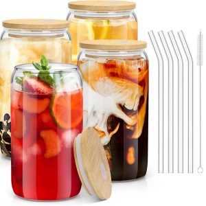 Gigicial Glazen Kopjes - Glazen Beker Met Rietje En Deksel - Klassiek Design Duurzaam Voor Warme En Koude Drankjes - 4 - Voor Thuisbar Ijskoffie In Natuurlijke Bamboe