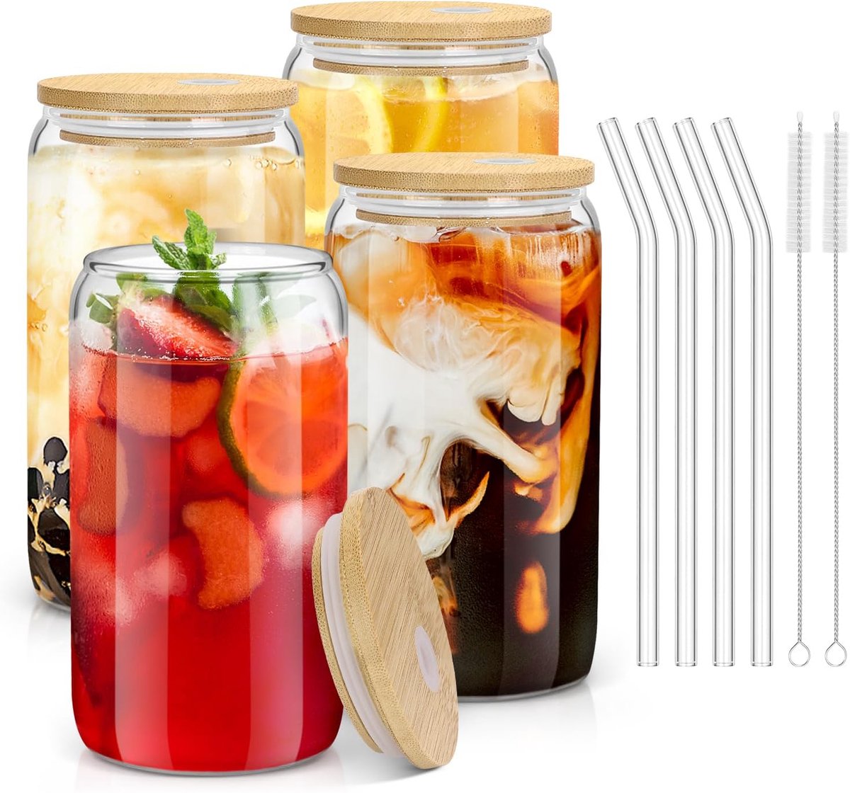 Gigicial Glazen Kopjes - Glazen Beker Met Rietje En Deksel - Klassiek Design Duurzaam Voor Warme En Koude Drankjes - 4 - Voor Thuisbar Ijskoffie In Natuurlijke Bamboe