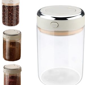 Glazen pot - koffiepot glas - koffie bewaarbus - koffiebonen opslag pot - bewaarcontainer voor melkpoeder - vacuum pot - met afsluitdeksel en datumtracker - geschikt voor koffiebonen, granen, thee, meel, noten (1100ml - Witgrijs)