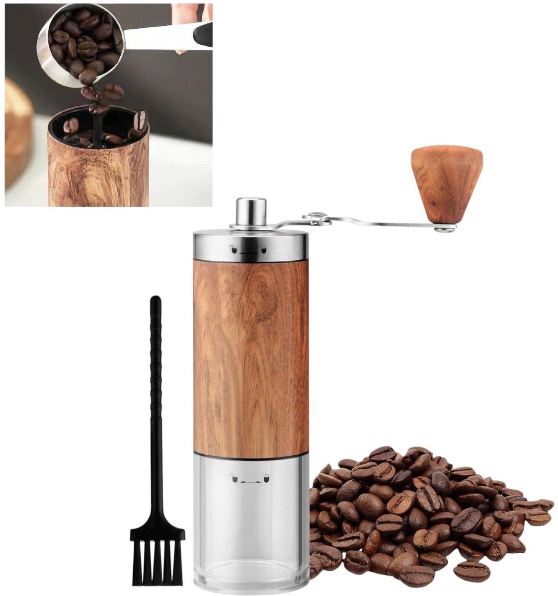 Handmatige koffiemolen - Draagbare visuele koffiezetter - Geschikt voor espresso, French press en filterkoffie - Ideaal voor thuis, op de camping en op reis - Bruin, 19 cm