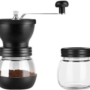 Handmatige koffiemolen, handbediende koffiemachine, glazen behuizing, zwart
