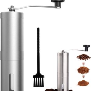 Handmatige koffiemolen met borstel - keramische vijzel - roestvrijstalen molen - draagbare koffiemolen - 14*4,8*18,6 cm - geschikt voor AeroPress, filterkoffie, espresso, French Press, Turkse koffie, enz. - een geweldig cadeau - zilver