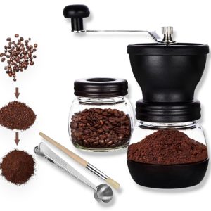 Handmatige koffiemolen met keramische vijzel, kleine handaangedreven koffiemolen, wordt geleverd met twee glazen kannen (elk 325 ml), een lepel en een schoonmaakborstel, geschikt voor filterkoffie.