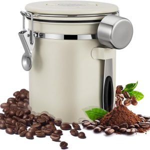 Koffie Bewaarbus - Met CO2 uitlaat - 1.2L - Voor 500 gr koffiebonen - Voor Koffie, Koffiebonen, Thee, Suiker, etc. - Koffieblikbewaarblik - Bewaarbus Koffie - CO² Ventilatie - Bewaarblik - Voorraadbussen - Voorraadblik - RVS - gebroken wit