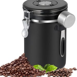 Koffie voorraadbus - Luchtdicht - RVS - Koffiebus - 1.8L - Met Maatschep & Datumtracker - Koffiebonen Bewaarbus - Zwart