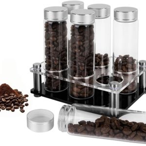 Koffiebonen Opslagbuizen Enkele Dosis - 6 Stuks - Koffiebonen Kelder - Koffiebonen Bewaarbus - Doseren Glazen Flesjes met Deksels - Met Display Standaard en Trechter - Koffiebonen Voorraadbus - Voor Café, Thee, Specerijen