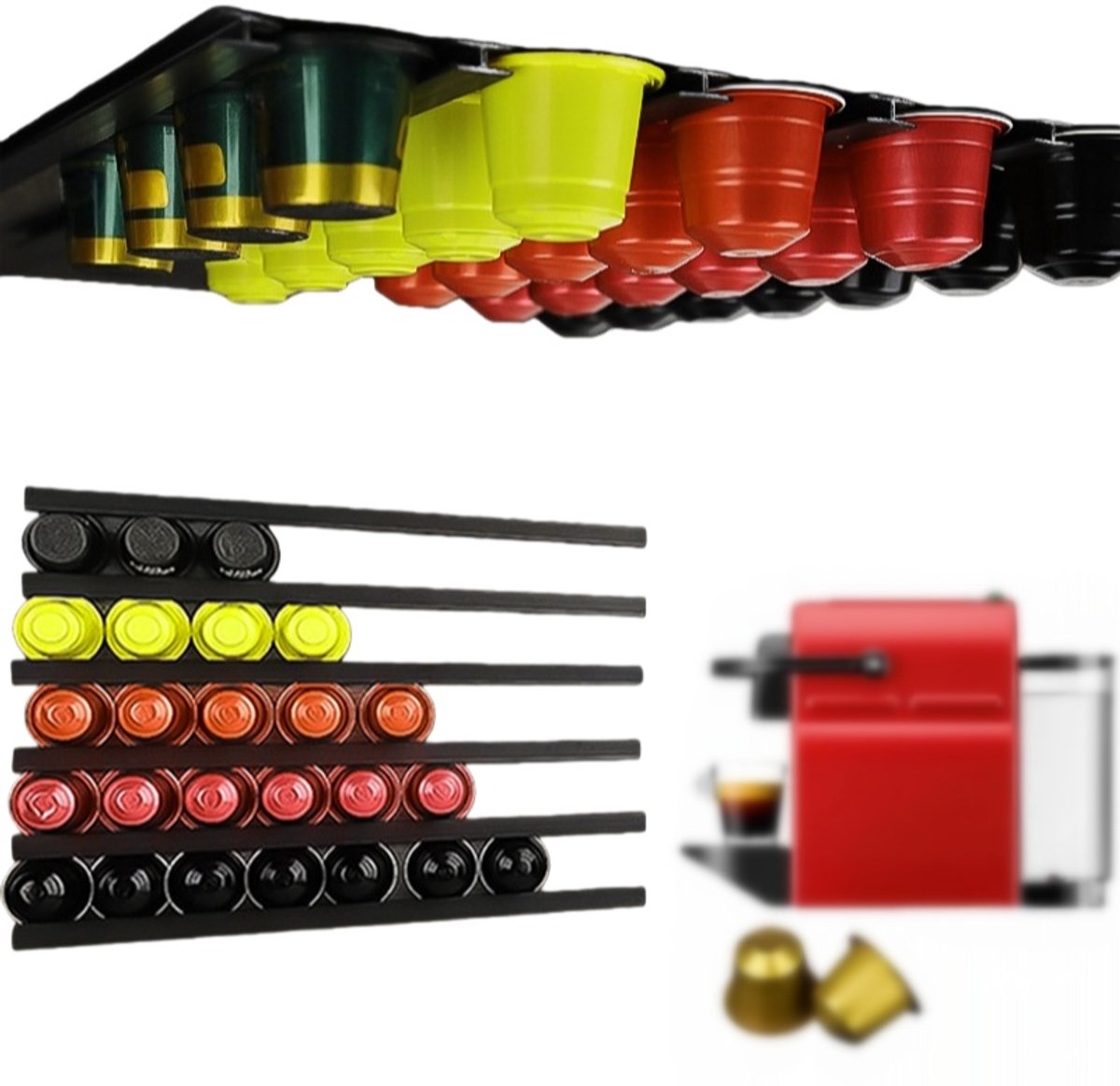 Koffiecaps Houder - Set van 6 - DIY Koffie Pad Houder - 30cm - Houdt 30~40 Capsules - Geschikt voor Nespresso K-cup Caffitaly - Wandmontage of Onder Kasten