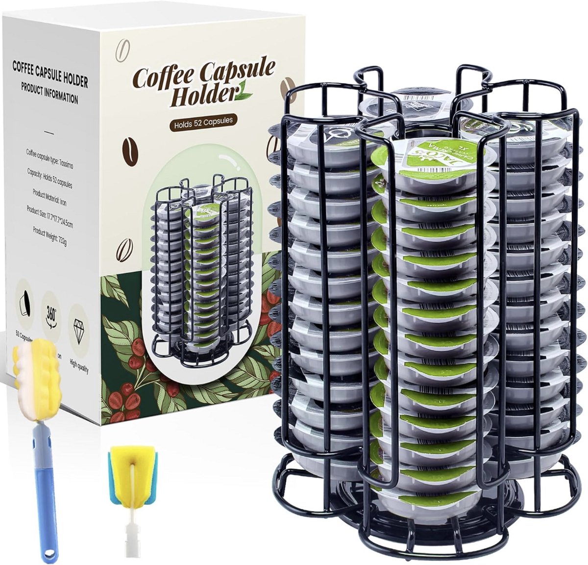 Koffiecapsule Houder Compatibel met Tassimo - 52 Capsules, 360° Draaibare Capsule Standaard, Zwart