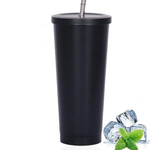 Koffiekopje - Thermosbeker - Ijskoffie Beker met Deksel en Rietje - 710 ml Geïsoleerde Roestvrijstalen Beker - Dubbelwandige Vacuüm Reiskoffiemok - Zwart