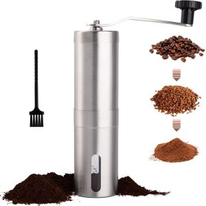 Koffiemolen handmatig-koffiemolen-Handmatige koffiemolen - RVS handmolen met keramische borstel - Voor espresso - French press - Turkse koffie - Zilver - 18,6 x 14 x 4,8 cm