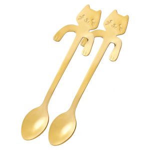Kraftverdia Tafellepels - koffielepeltjes - 2 Schattige Katvorm koffielepels - 11.5cm - RVS - Goud