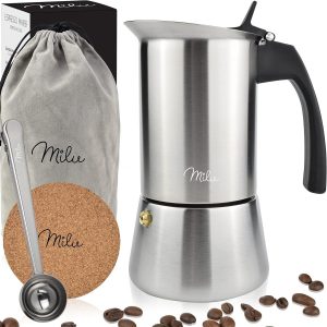 Milu Percolator voor Inductie | 2, 4, 6, 9 Koffiekopjes | RVS Espresso Maker met Onderzetter, Lepel en Borstel | 200ml / 4 Kopjes Moka Pot