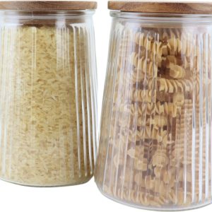 OTIX Voorraadpotten - Glas - met Deksel - Snoeppotten - Set van 2 - Voedselopbergers - Koffiepads Bewaarbus - Acacia Wood - 950ml - SIRIUS