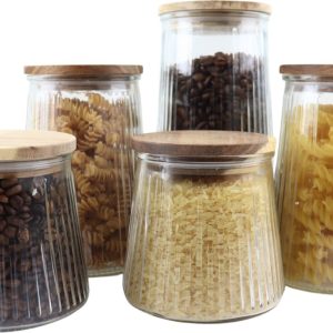 OTIX Voorraadpotten - Glas - met Deksel - Snoeppotten - Set van 5 - Voedselopbergers - Koffiepads Bewaarbus - Acacia Wood - Diverse Maten - SIRIUS