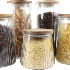 OTIX Voorraadpotten - Glas - met Deksel - Snoeppotten - Set van 5 - Voedselopbergers - Koffiepads Bewaarbus - Acacia Wood - Diverse Maten - SIRIUS