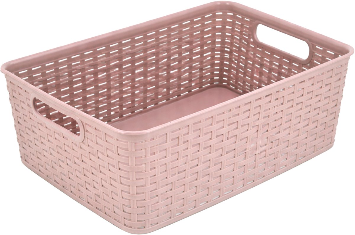 Opbergmand 12L Kunststof Roze - Stapelbaar Mandjes Riet - Opbergbox / Opbergdoos 36x28x13,5 cm - Keukenkast en Kledingkast Organizer - Opbergmand Kinderkamer en Badkamer
