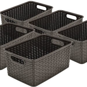 Opbergmand 6L Set van 5 - Kunststof Opbergbox Mandjes Riet Look - Opbergmand Kinderkamer - Opbergmand Speelgoed - Keukenkast , Kledingkast en Kast Organizer - 29x20x13 cm