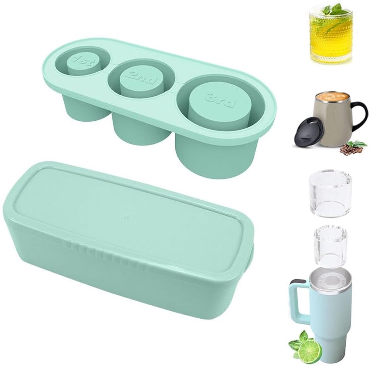 QTTVBTNA -Silikonen IJsblokjesvorm met Deksel - 3-delige Set voor Grote Bekers 20-40 oz - Herbruikbare Cilindrische IJsblokjesmaker voor Drankjes, Cocktails, Smoothies en IJskoffie