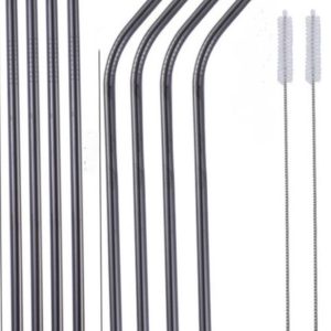 Rietjes van roestvrij staal - herbruikbaar - 12 stuks (6 rechte rietjes + 6 gebogen rietjes) - parelmoeren melkthee rietjes - 21,5 cm - wordt geleverd met 2 reinigingsborstels - metalen rietjes voor cocktails, ijsmelk, thee, milkshakes, ijskoffie