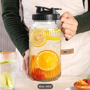 Vintage Halve Gallon Mason Jar Kan Grote 64oz Wijde Mond met Deksel - 2 Quart Luchtdichte Glazen Kan voor Water, Sap, Melk, Thee, IJskoffie en Dranken