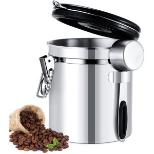 Ynkkvre-Koffiebonencontainer 1500 ml - Luchtdichte Roestvrijstalen Voorraadbus met Eenwegventiel, Mat ABS Deksel & Inclusief Koffielepel - Bewaart Koffie, Thee, Noten en Kruiden Vers