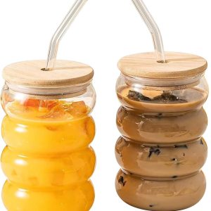 beker - Set van 2 bubble tea-bekers - latte macchiato-glazen - drinkglazen van met 2 deksels - 2 rietjes en - glazen bekers met deksel - ijsthee-glazen voor ijskoffie - smoothies - 300 ml