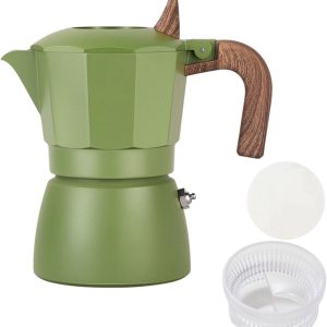 koffiepot- Espressomachine voor op het fornuis - espressomachine met twee kleppen - geschikt voor kamperen, buitenactiviteiten, reizen, thuis en op kantoor - inclusief filterpapier en poederdispenser (groen - 15,5*15*8,5 cm)