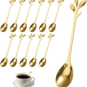 12 Stuks Gouden decoratieve lepels, 12cm Roestvrijstalen Koffielepels, Gouden Mini Theelepel, Klein Takontwerp Cakelepel, Gebruikt voor Water, Thee, Melk, Koffie, Dessert- en Drankgerei