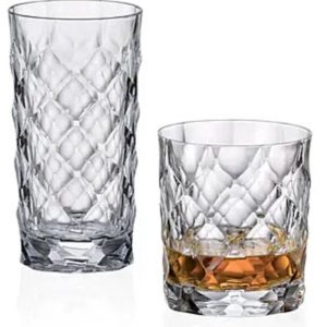 12 stuks - set kristallen drinkglazen - grote hoge longdrink glazen en waterglazen - BOHEMIA CRYSTAL - glazen TINY met structuur voor ijskoffie, cocktail, sap en meer - luxe tafelen - 6 longdrinkglas + 6 waterglas