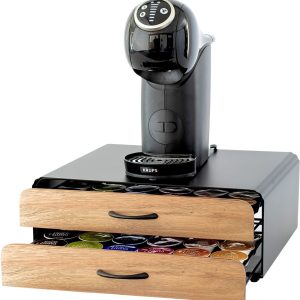 Capsulehouder met Lade - Koffiecups houder - Geschikt voor Dolce Gusto - 72 Cups - RVS - Zwart met Bamboe Hout