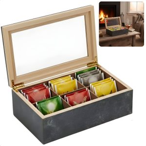 Cheqo® Theedoos 6 Vaks - Theedoos met Vakken - Theekist - Theezakjes Doos - Theezakjes Opbergdoos - Thee Organizer - Theedoos Zwart - Theedoos met Glazen Deksel