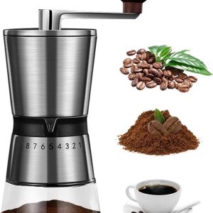 Deze handmatige koffiemolen heeft een keramisch maalmechanisme en is geschikt voor espresso, met 8 maalstanden.