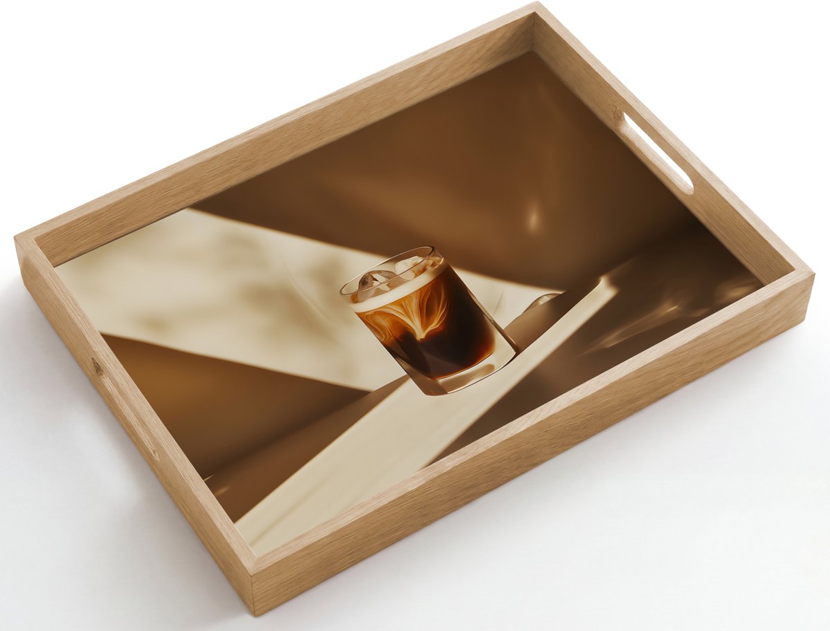 Dienblad hout 50x35 cm - Schootdienblad - Glas - Ijskoffie - Schaduw - Bruin - Borrelplank rechthoek - Plateau dienbladen