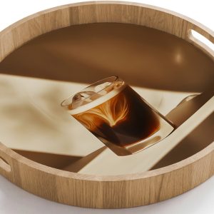 Dienblad rond 40x40 cm - Schootdienblad hout - Glas - Ijskoffie - Schaduw - Bruin - Borrelplank rechthoek - Plateau houten dienbladen