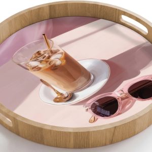 Dienblad rond 50x50 cm - Schootdienblad hout - Ijskoffie - Zonnebril - Goud - Borrelplank rechthoek - Plateau houten dienbladen