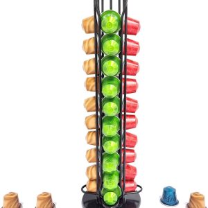 Draaibare Koffiecapsulehouder - 40 Capsules - 360° Roterende Metalen Padhouder voor Nespresso - Stevig, Duurzaam & Stijlvol Ontwerp - 38.5 cm Hoog, Zwart