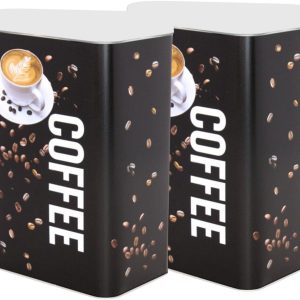 Excellent Houseware Koffieblik - 2x - zwart - coffee print - 1800 ml - rechthoekig - koffie - bewaarblikken - Koffiepads/koffiecups - filterkoffie