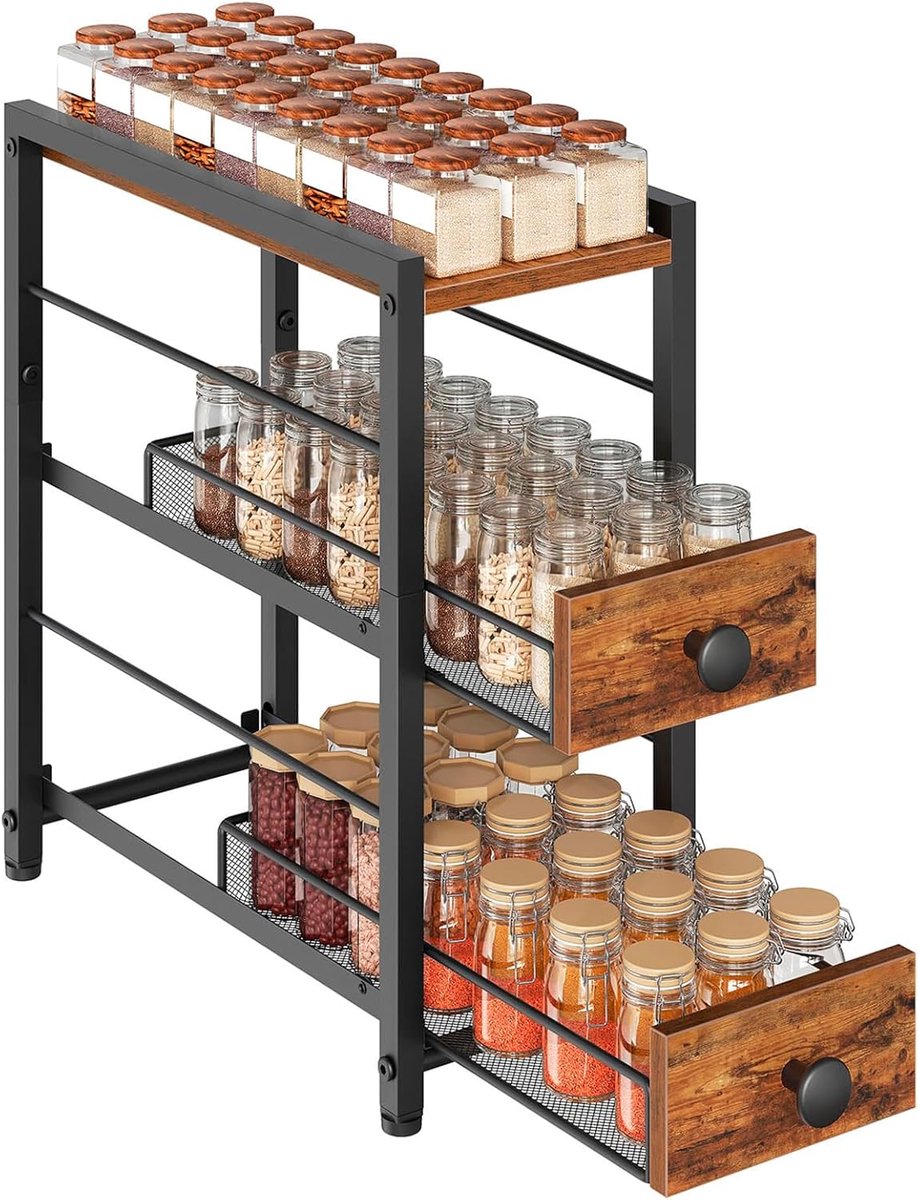 HOMESY 3-laags Gewürzregal, compacte keukenopslag met 2 uitziehbare lades voor nauwe spleten, ideaal voor siroop, kruiden en koffiecups opslag, Retrobruin en Zwart