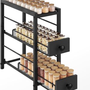 HOMESY 3-laags Gewürzregal, compacte keukenopslag met 2 uitziehbare lades voor nauwe spleten, ideaal voor siroop, kruiden en koffiecups opslag, Zwart