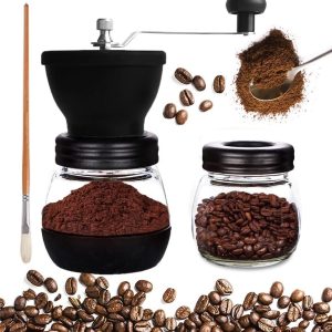 Handmatige Koffie- & Specerijenmolen - Glazen Potten - Keramische Maalschijven - Verstelbare Maalgraad - Draagbaar Compact Ontwerp - 3 Delig Set - Zwart - 1 Set