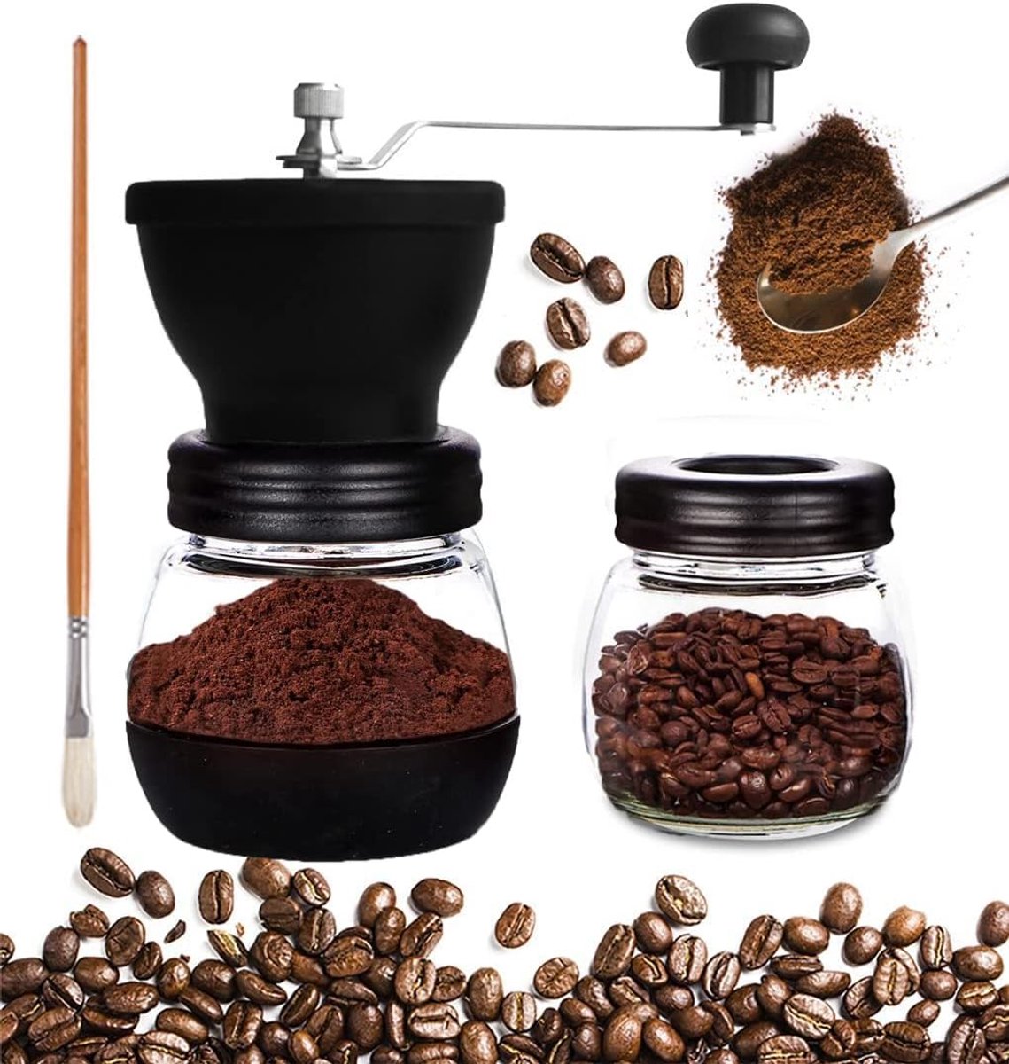 Handmatige Koffie- & Specerijenmolen - Glazen Potten - Keramische Maalschijven - Verstelbare Maalgraad - Draagbaar Compact Ontwerp - 3 Delig Set - Zwart - 1 Set