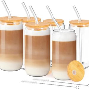 Iced Coffee Glazen Set van 6 met Deksel en Rietje - 500 ml Can-Shaped Drinkglazen voor Smoothies, Latte Macchiato en Ijskoffie