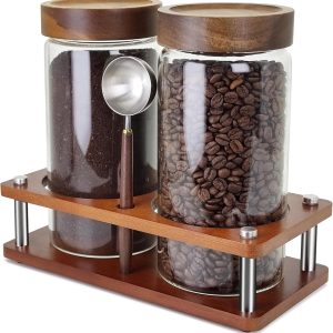 Koffie Bewaarbus - Bewaarpot Set - Luchtdicht - Glazen Voorraadpotten met Houten Deksel - Voor Koffiebonen en Thee - 1.3L