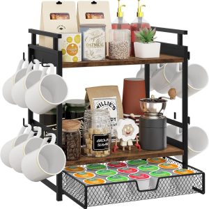 Koffiebar Organizer - Koffiestation Houder - Aanrecht Ordenen - 3 Laags Met Haken - 69 Pond Gewicht - Rustiek Bruin