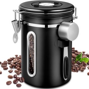 Koffieblik - Bewaarbus Koffie met CO2 Uitlaat - Koffiebus - Luchtdicht - met roestvrijstalen lepel - met datumtracking - 1.8L - voor Koffie, Koffiebonen, Thee, Suiker, etc