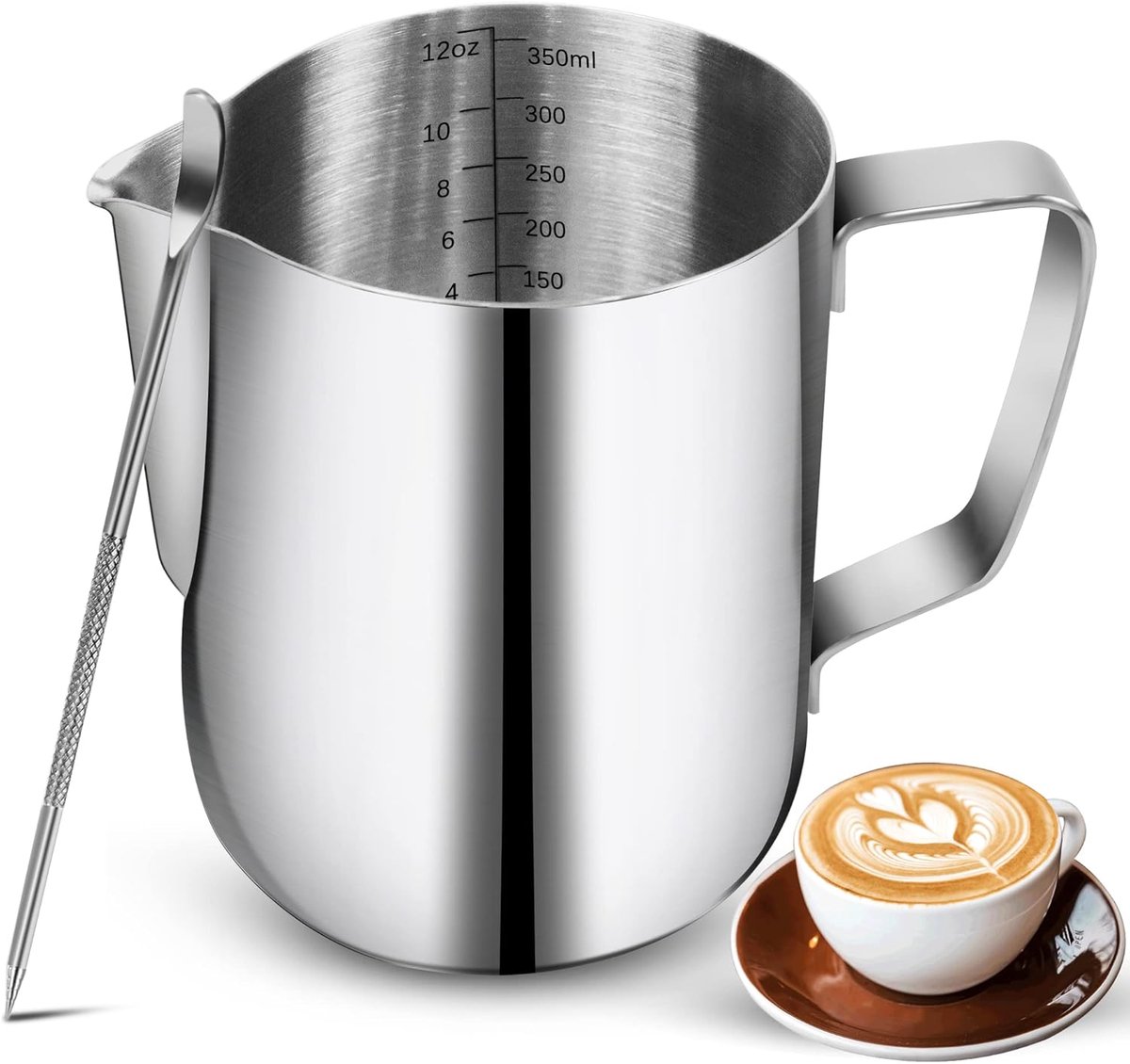 Melkopschuimkan - Latte Art Kan - Precieze Maatverdeling - Ergonomisch Handvat - 350 Ml Roestvrij Staal - 1 Stuk - Voor Espressomachine En Cafe - Zliver