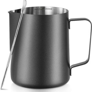 Melkopschuimkan - Latte Art Kan - Precieze Maatverdeling - Ergonomisch Handvat - 350 Ml Roestvrij Staal - 1 Stuk - Voor Espressomachine En Cafe - Zwart