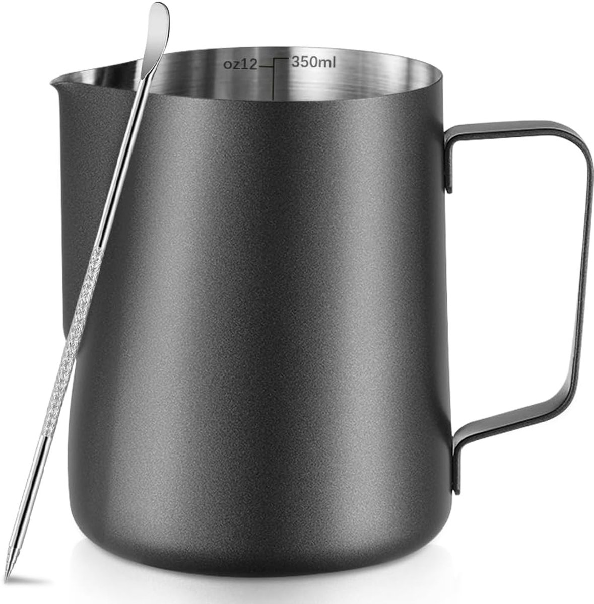 Melkopschuimkan - Latte Art Kan - Precieze Maatverdeling - Ergonomisch Handvat - 350 Ml Roestvrij Staal - 1 Stuk - Voor Espressomachine En Cafe - Zwart